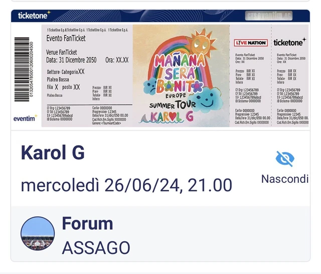 BIGLIETTO CONCERTO KAROL G 26/06/2024 Milano Assago EUR 200,00