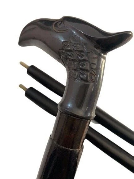 Ancienne Canne De Marche En Laiton 87cm - Pommeau Tête D'Aigle/Oiseau Démontable