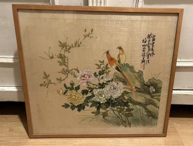 Vintage Chinese Art - Water Colour of Birds & Flowers on Silk. Framed