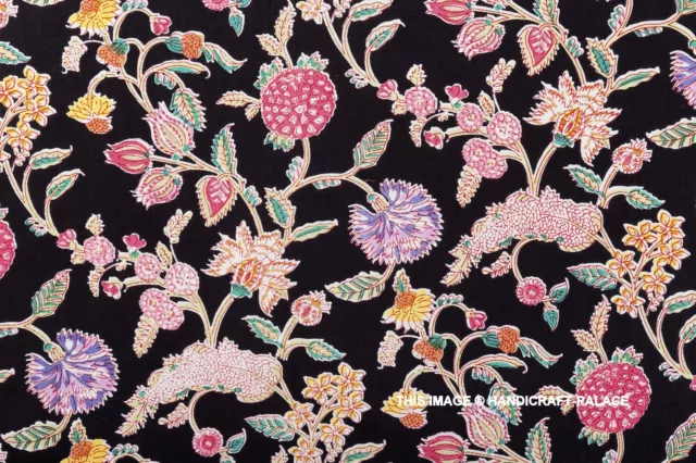 Noir Fleur Imprimé Indien Main Bloc Course Desseré Tissu Coton Décor Par 4.6m