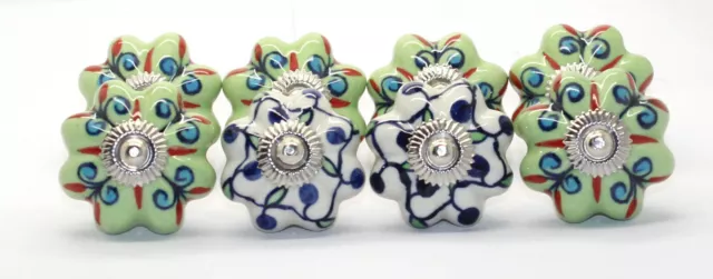 Set Of 8 Green Hand Painted Ceramic Knobs Drawer Pulls for Cabinet And Cupboard