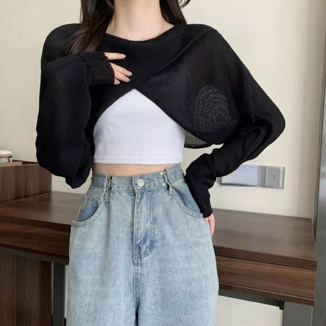 Donna Casual Maglia Ritagliata Camicetta Top Manica Lunga Sottile Corto a Moda