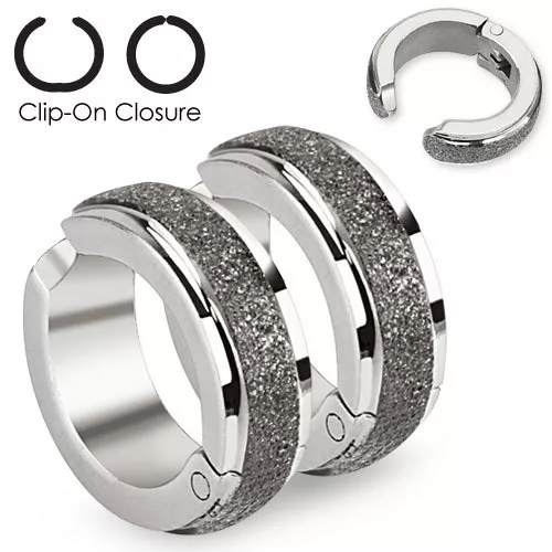 Mens Brushed Surgical Steel Huggie Hoop Fake Clip On Earrings