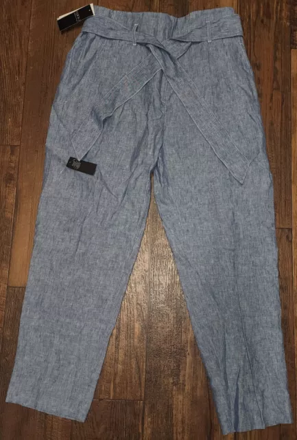 NWT  Lauren Ralph Lauren Women's Blue Chambray Linen Tie Belt Trousers Pants