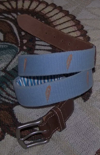 PETER MILLAR Needlepoint Canvas Leather Golf Belt CHECHESSEE CREEK CLUB 34 Blue