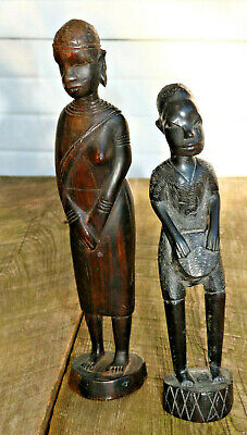Lot 2 Primitive Hand Carved Wood Figures African Statues Unique Wood Art Girl YM