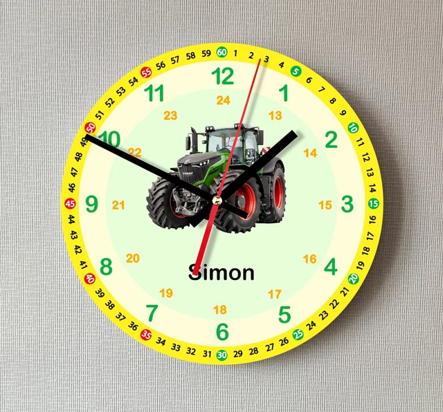 Personalisiert Kinderzimmer Wanduhr – Mit Namen, 19,5 Cm, Traktor Design, Lautlos – Geschenk Zur Geburt, Taufe Oder Geburtstag