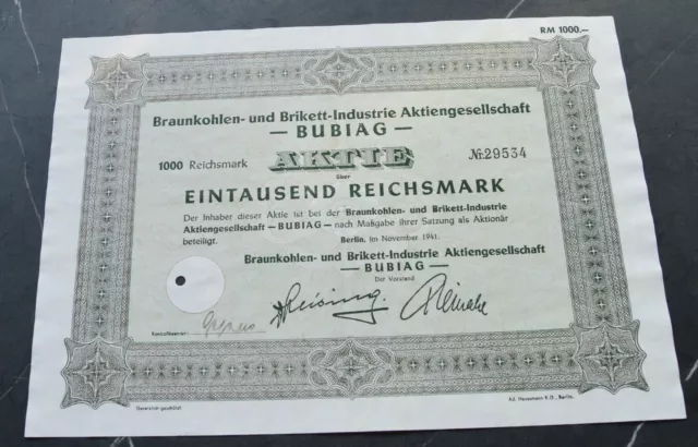 1000 Reichsmark ~ Aktie ***Braunkohle- und Brikett-Industrie BUBIAG
