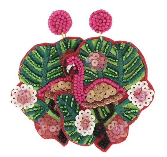 Beachy Hot Pink Flamingo Tropical Seed Beed Sequins Dangle Earrings