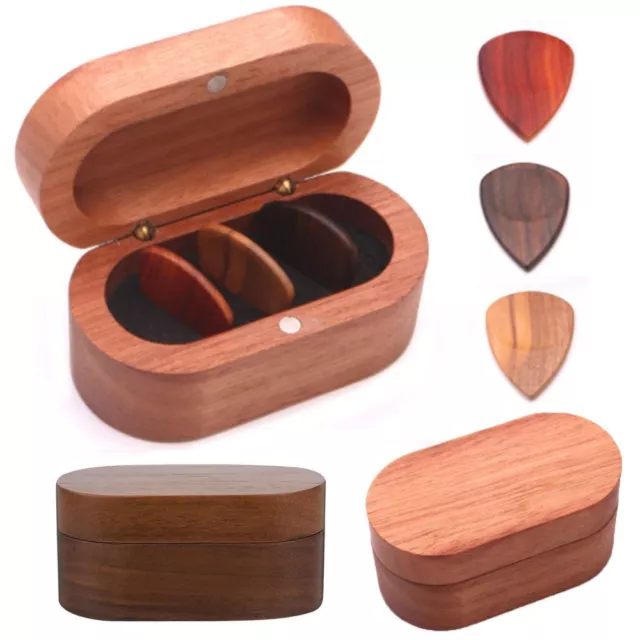 Holder Guitar Picks Case with 3 Wood Picks Plectrum Casket Wooden Box