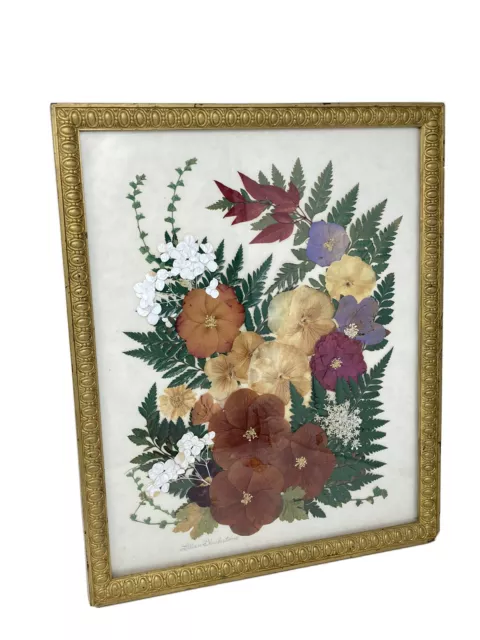 Vintage Pressed Dried Real Flowers Victorian Art Gold Frame Lillian Blackstone