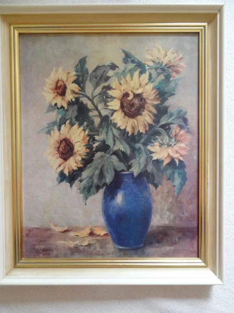 Walter Schölei: Sonnenblumen in blauer Vase 1956 Gemälde Kunstdruck im Rahmen