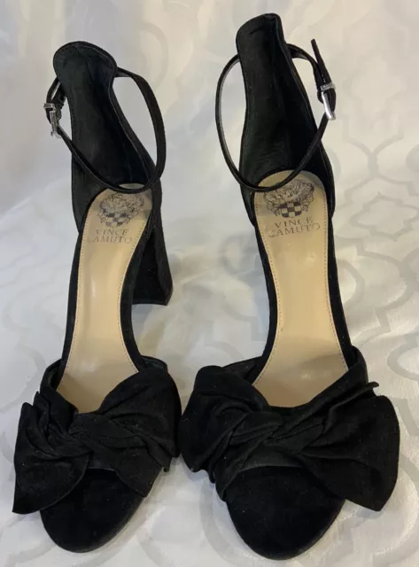 Vince Camuto Black Suede Carrelen Bow Ankle Strap Block Heel Size 8.5