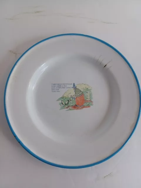 Rare Vintage Kockums Swedish Enamelware Nursery Rhyme Plate+Bowl