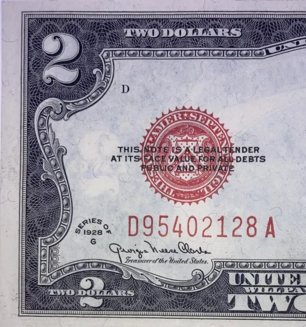 1928 ($2) Two Dollar Legal Tender Red Seal Crisp Clean Bold Colors Uncirculated