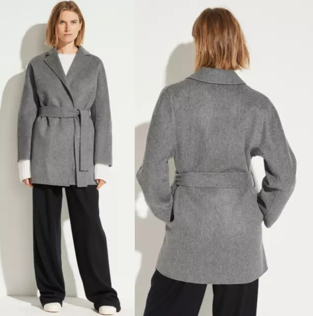 Vince Belted Wool-Cashmere 33"Long Car Pea Coat In Medium Heather Grey sz M $795 2