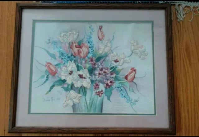 Vintage 1980s hand painted and sewn floral crewel framed