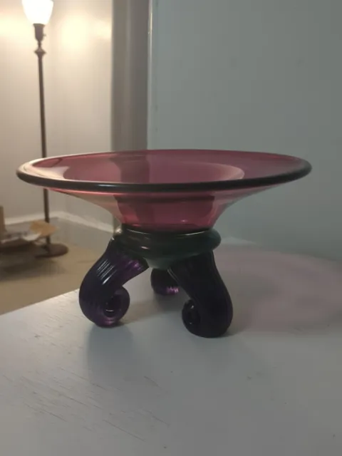 Unique Antique Teleflora Style Pink Pedestal Bowl Purple & Green Base Heavy 9"