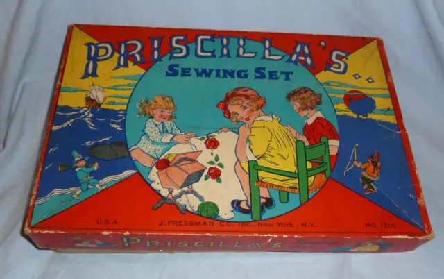 VINTAGE PRISCILLA'S SEWING SET w/ PORCELAIN DOLL - 1930's / 40's - J. PRESSMAN