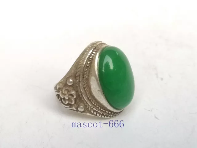 Old Collection Chinese Tibet Silver Handmade Inlay Jade Ring Ornaments Gift