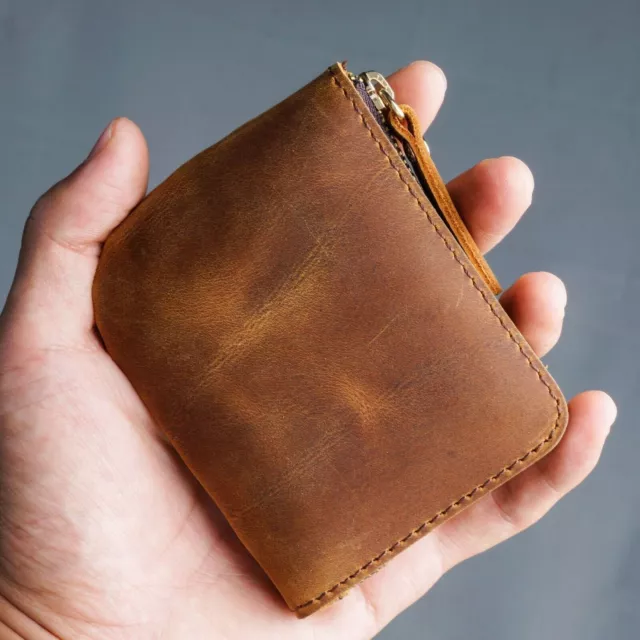 Men Handmade Cowhide Leather Vintage Zipper Wallet Square Coin Purse Card Holder