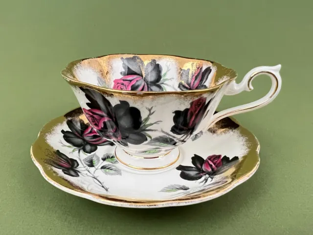 Royal Albert Masquerade Black Rose Avon Shape Tea Cup & Saucer Gold Brush Trim 3