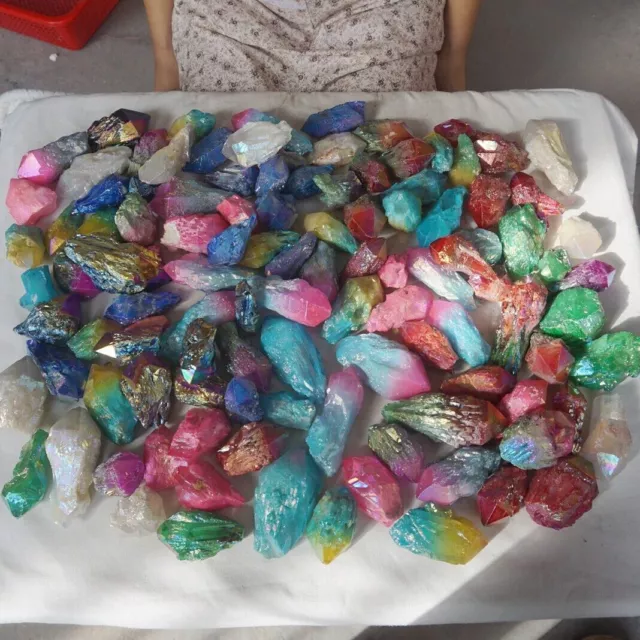 22LB 112Pcs Rainbow Aqua Aura Quartz Crystal Cluster Points Titanium Coating