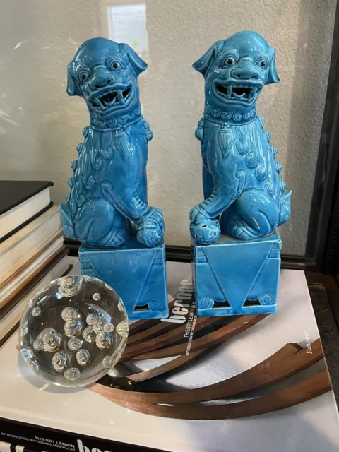 Vintage Chinese Porcelain Foo Dogs Pair Blue