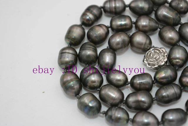 new NATURAL 9-10MM TAHITIAN RICE BLACK gray PEARL NECKLACE 18"