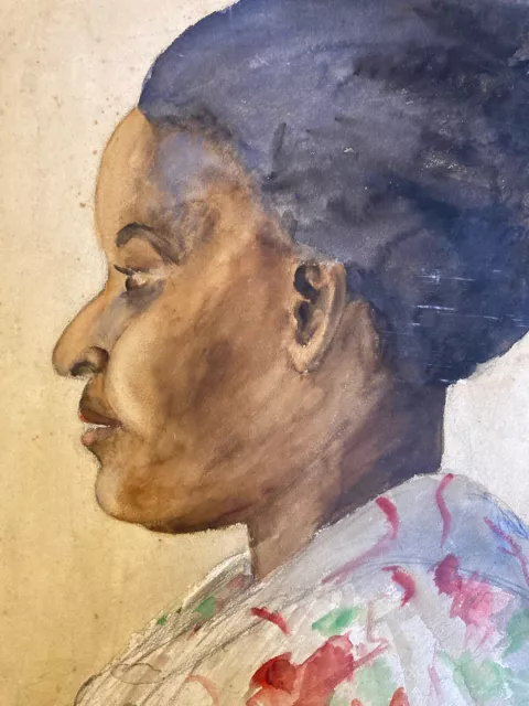 Schön Gemälde Gouache Frau Schwarz Papier 1950 Porträt Profil Malerei Art Antik
