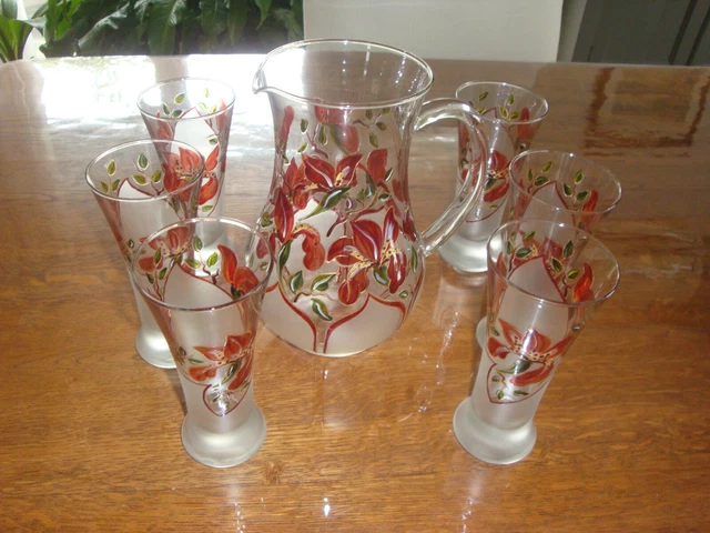 service à orangeade, 1 pichet et 6 verres, tropical, perroquet vintage service à orangeade, 1 pichet et 6 verres, tropical, perroquet vintage