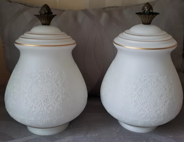 Vintage Pair MCM White Gold Etched Lamp Globes Made In France Hollywood Regency