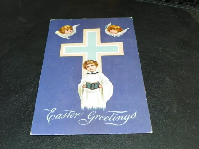 Postcard Easter Greetings He is Risen Purple Cross with Altar Boy -NICE