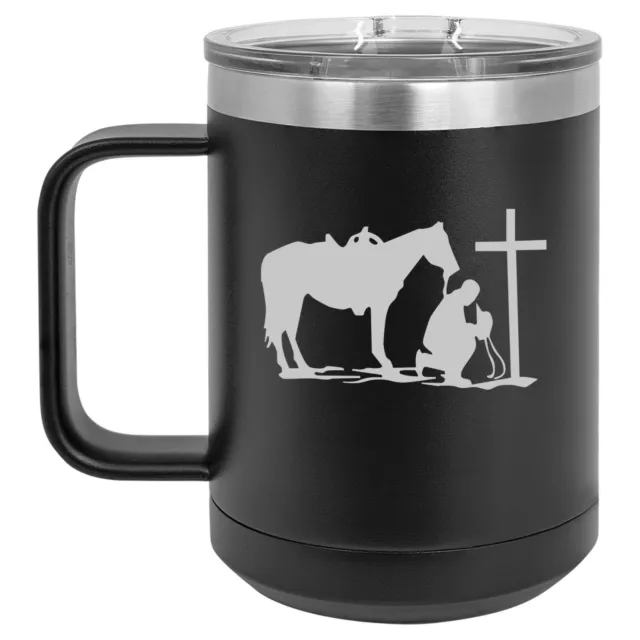 15oz Tumbler Coffee Mug Handle & Lid Travel Cup Cowboy Praying Cross Horse