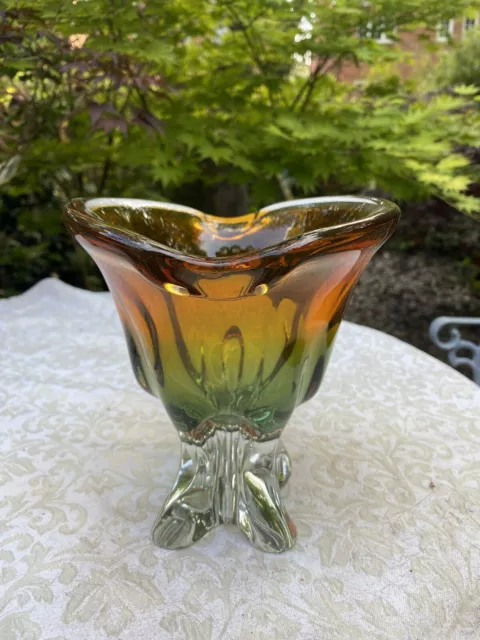 Mid Century Vibrant green & orange art glass Chribska summerso pedestal vase