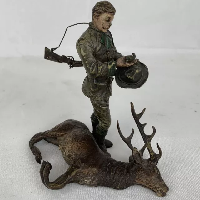 Antique Austrian Cold Painted Bronze Deerstalker Hunter Dead Stag By Bergman