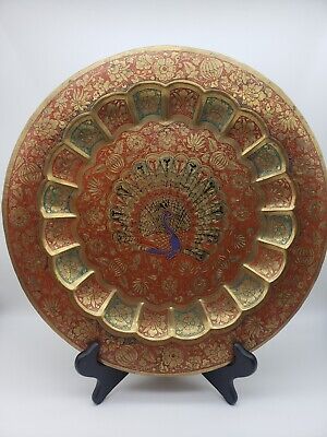 Vintage 13.5” Brass Peacock Tray Enameled Etched Wall Hanging Decorative