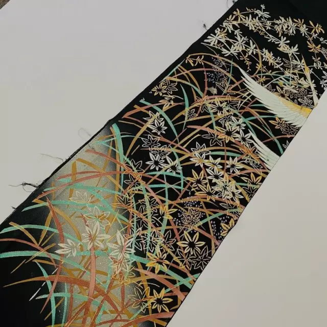Majestic #E 7x58 Vintage Hand Painted Tomesode Black Silk Kimono Fabric ToD93