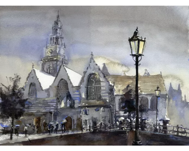 Amsterdam Old Church- Red Light District.  Fine art Amsterdam watercolor (print)