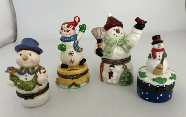 LOT OF 4 Christmas Snowman Porcelain Jewelry Hinged Trinket Boxes $19. ...