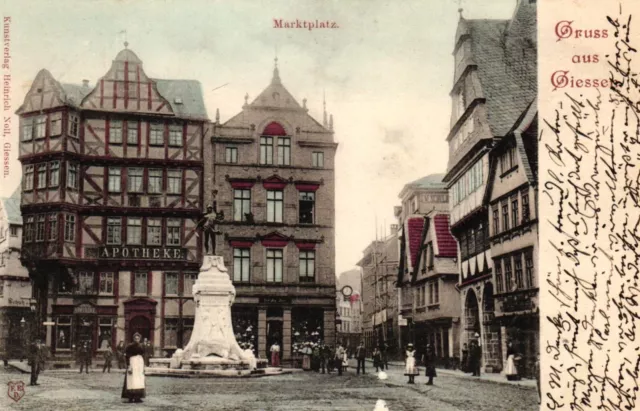 Giessen, Marktplatz mit Apotheke und weiteren Geschäften, 1900 n. Bad Salzhausen