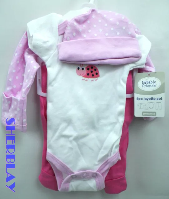 NWT LOVABLE FRIENDS Preemie girl 100% Cotton White Pink 4PC layette set