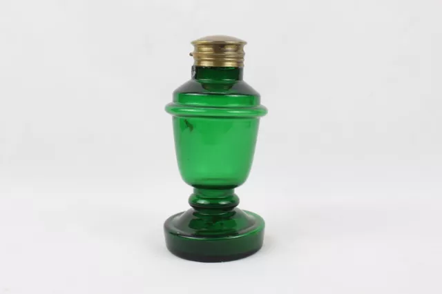 Antico Grande Inchiostro Pot Vittoriano Spesso Vetro Verde Ottone Tappo Rara Pot