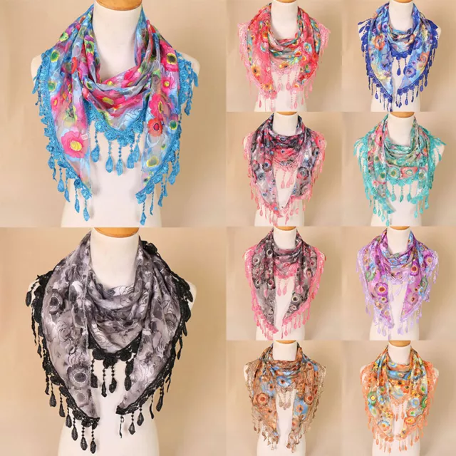 Floral Lace Triangle Veil Church Mantilla Scarf Sheer Tassel Shawl Wrap Scarves