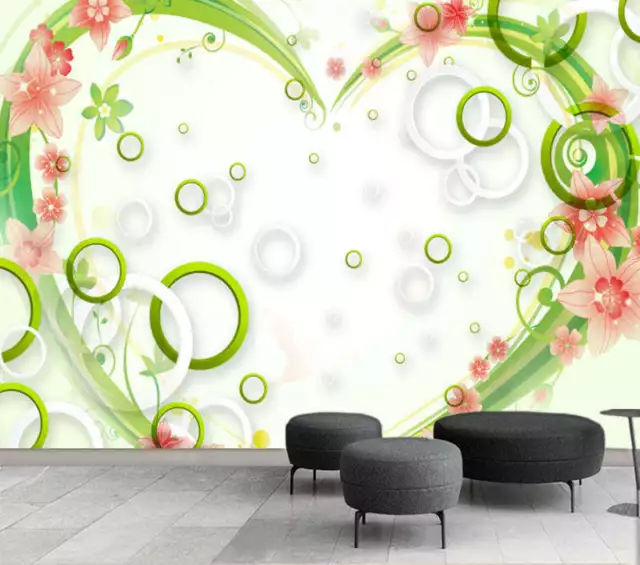 Cœur verte de fleurs 3D Plein Mur Mural Photo Papier Peint Impression Maison Déc