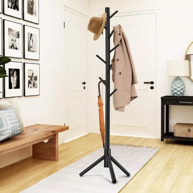 Wooden Coat Rack Stand Free Standing Tree Clothes Hanger Hat Coat Rack 8 Hooks 2