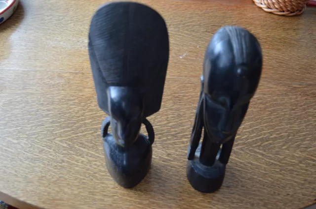 Vintage Hand Carved Black Ebony  Solid Wood African Tribal Statues Figures HEADS