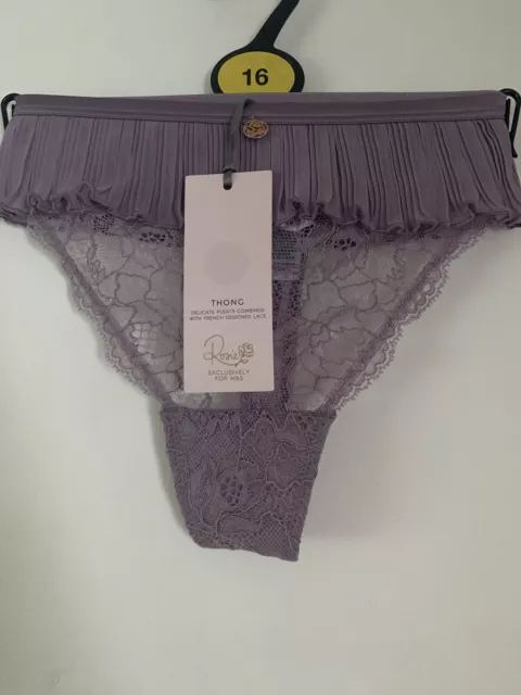 New M&S Rosie Thong Delicate Pleats With French Designed Lace Size 16 Lilac