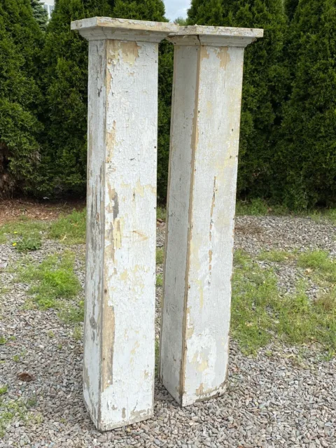 Pair Antique Square Columns w/ Top Caps, 63”H & Hollow, Shabby Worn, Distressed