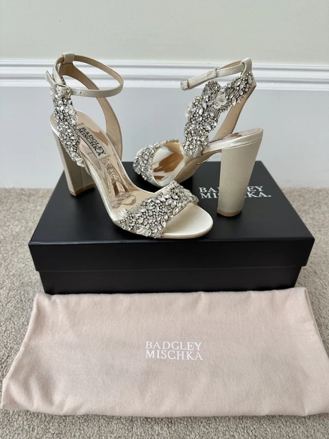 BADGLEY MISCHKA BEIGE crystal embellished Net wedding heels UK